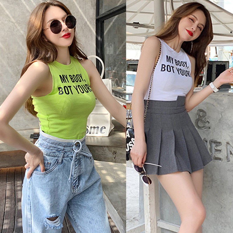 Áo Croptop sát nách cổ tròn hoạ tiết chữ cho phái nữ alohashop91