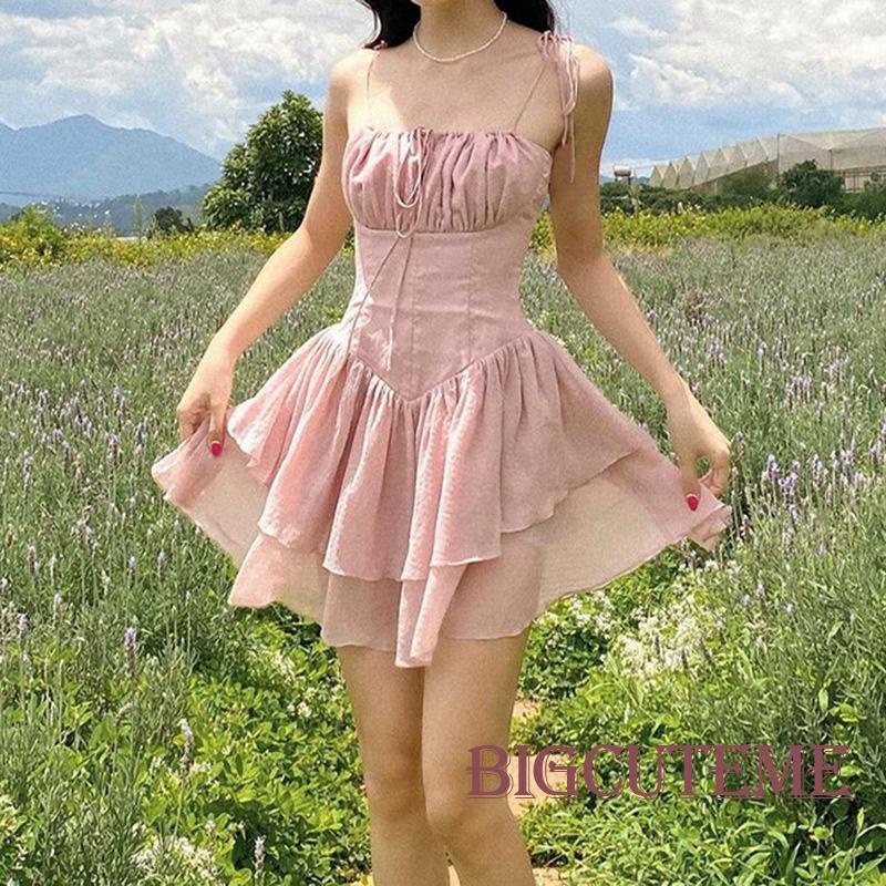 [] - Đầm Mini Dáng Chữ A Không Tay Có Dây Cột Vai Viền Bèo Nhún Màu Hồng Dễ Thương Cho Nữ
