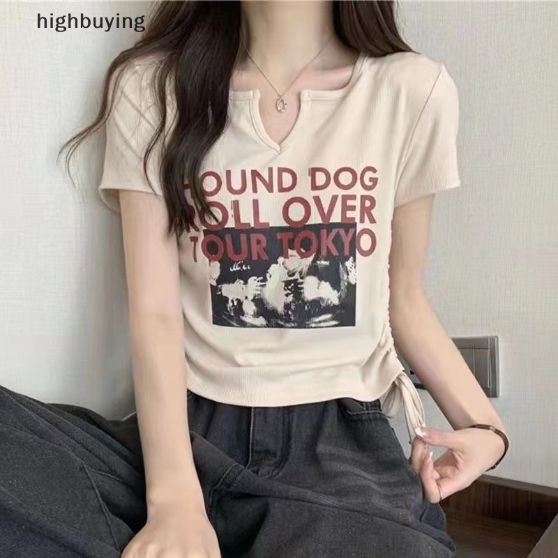 Áo Thun Lửng Ngắn Tay Cổ Chữ V In Chữ Phong Cách Retro Cho Nữ