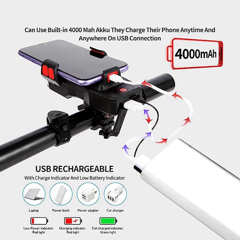 Đèn LED Sạc USB Chống Thấm Nước Kèm Giá Đỡ Điện Thoại Tiện Dụng Cho Xe Đạp