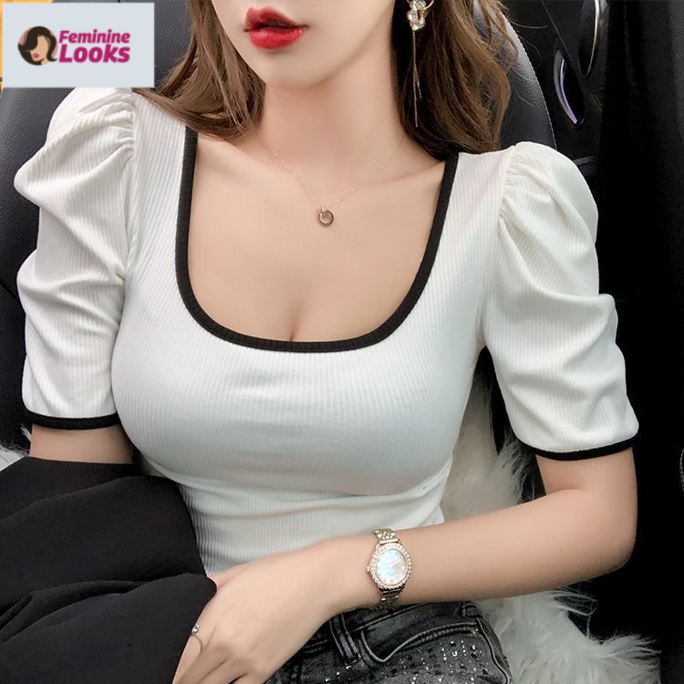 Áo Thun Dệt Kim Tay Ngắn Cổ Vuông Nhiều Màu Sắc Đa Dạng Hợp Thời Trang