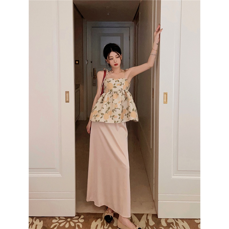 Set Áo Hai Dây Thêu Hoa Và Chân Váy Dài Lưng Cao Thời Trang Xinh Xắn Cho Bé Gái