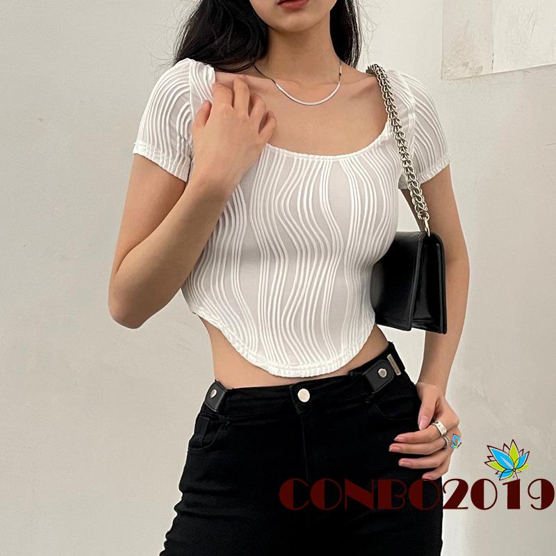 Áo Thun Crop Top Tay Ngắn Cổ Chữ U Họa Tiết Kẻ Sọc Phong Cách Đường Phố Thời Trang Mùa Hè Cho Nữ