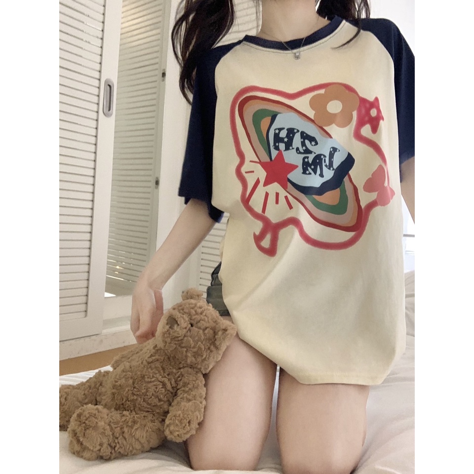 Áo Thun Tay Ngắn Dáng Rộng In Hình Hành Tinh Màu Sắc Đơn Giản Thời Trang Mùa Hè Năng Động