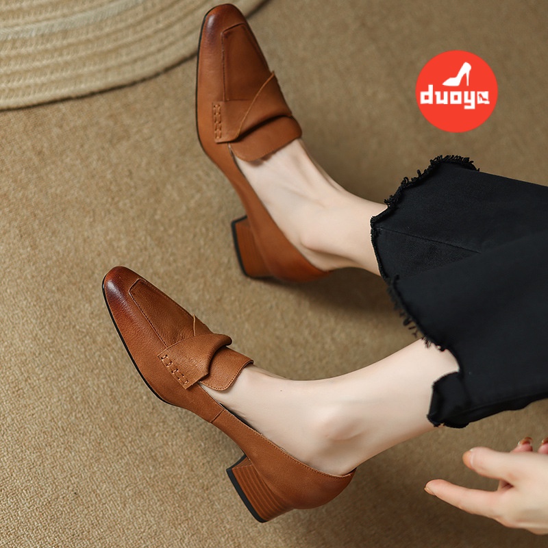 Duoya Giày Da Mềm Gót Dày Vừa Mũi Nhọn Màu Nâu Phong Cách Pháp Cho Nữ