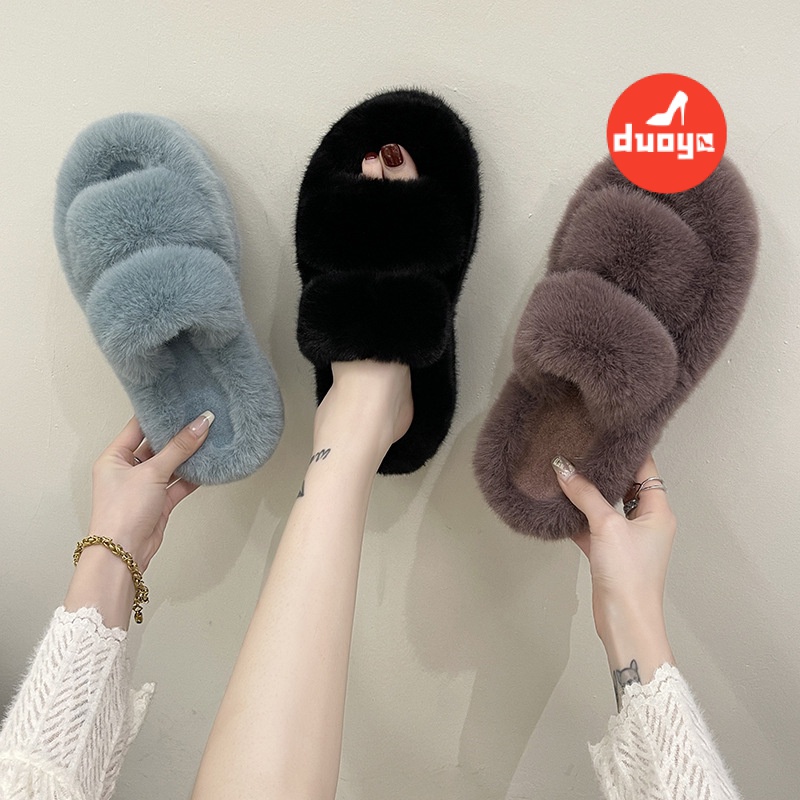 Duoya Tóc Thẳng ~ [Hàng Có Sẵn] Dép Đi Trong Nhà Đế Phẳng Dày Dặn Họa Tiết Kẻ Sọc Hai Lớp Giữ Ấm Mùa Thu Đông Size Lớn Bán Chạy Cho Nữ