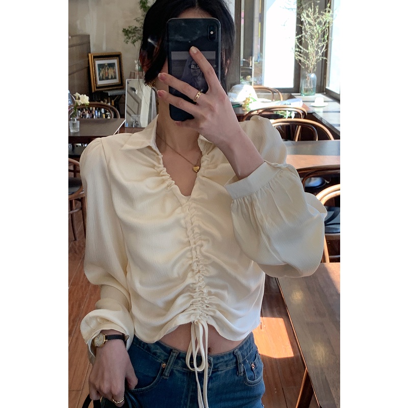 SUXI Áo Sơ Mi Crop Top Tay Dài Cổ Chữ V Phong Cách Thời Trang Hàn Quốc Cho Nữ