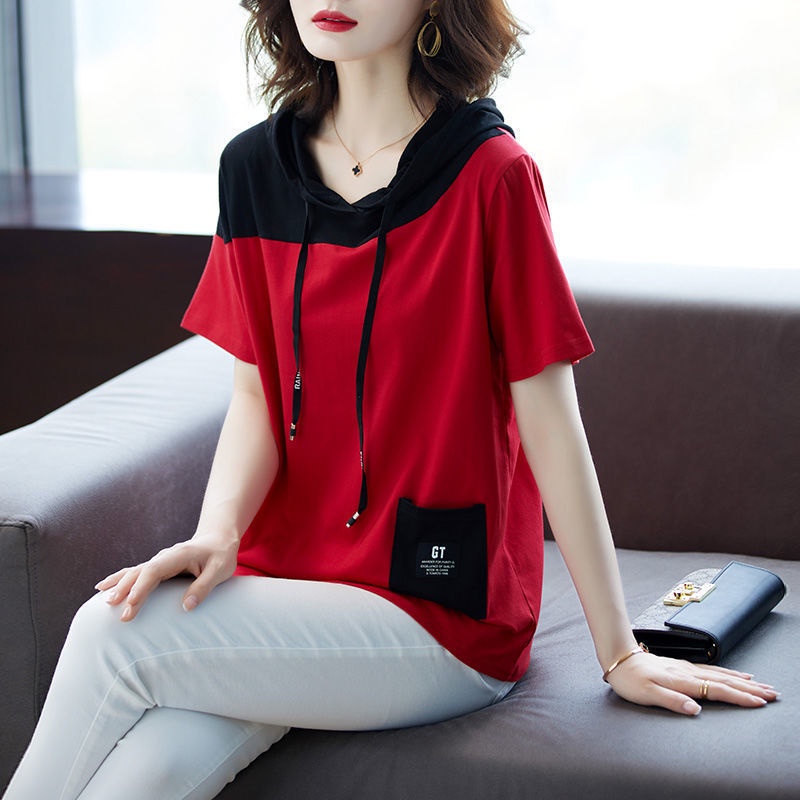 Áo Thun Tay Ngắn Có Mũ Trùm Đầu Bằng Vải Cotton Thuần Khiết Kích Thước Lớn 100kg Phong Cách Mùa Hè Mới Dành Cho Bạn Nữ