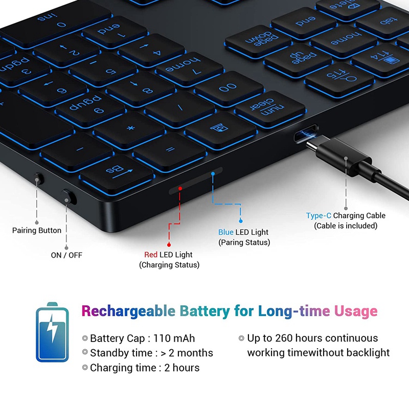 Bàn Phím Số Không Dây Bluetooth 34 Phím Có Đèn Nền 7 Màu Dành Cho Windows PC