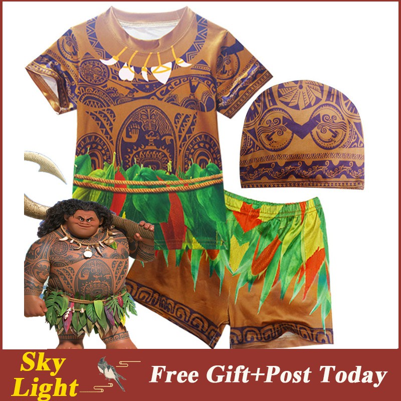 Bộ Trang Phục 3 Món Gồm Áo Thun + Quần Short + Áo Thun + Nón Xăm Hình Moana Maui Cho Bé Trai