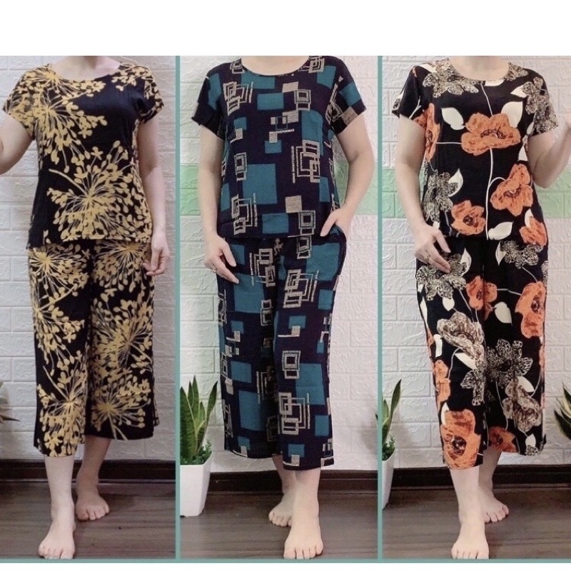 Đồ bộ trung niên lanh tole TRANGNC vải lanh nhung tôn mặc ở nhà cho mẹ người già bigsize quần lửng ống rộng