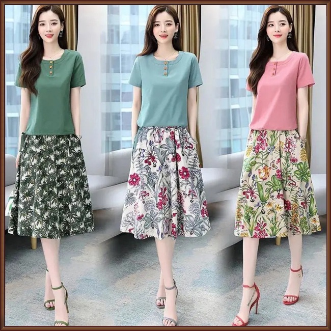 Bộ Trang Phục 2 Mảnh Áo Thun Tay Ngắn Cổ Tròn In Họa Tiết Hoa Phối Chân Váy Midi Thời Trang Cho Nữ