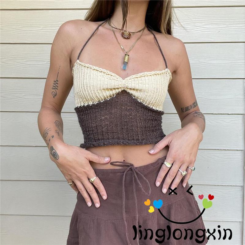 Áo Hai Dây Dệt Kim Mỏng Vừa Vặn Màu Sắc Tương Phản Không Tay Linglongxi2 Cho Nữ