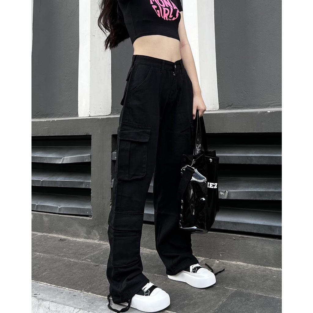 Quần JEAN Túi Hộp HIPHOP Nhiều Túi Lưng Cao Ống Rộng Phong Cách Retro Mỹ