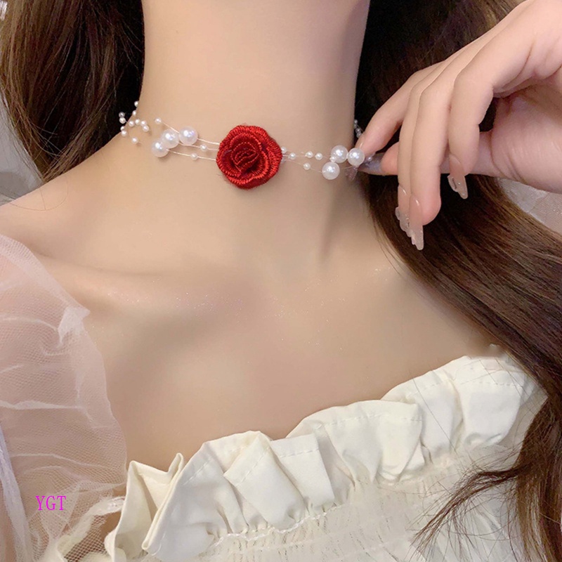 Ygt Vòng Cổ Choker Ngọc Trai Nhiều Lớp Mặt Hình Hoa Bướm Acrylic Thời Trang Cho Nữ