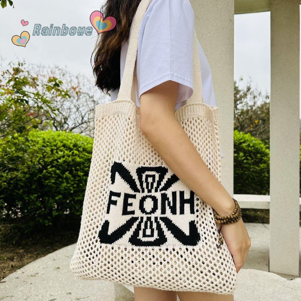 Túi Xách Đeo Vai Đan Len Màu Cầu Vồng Sức Chứa Lớn Thời Trang