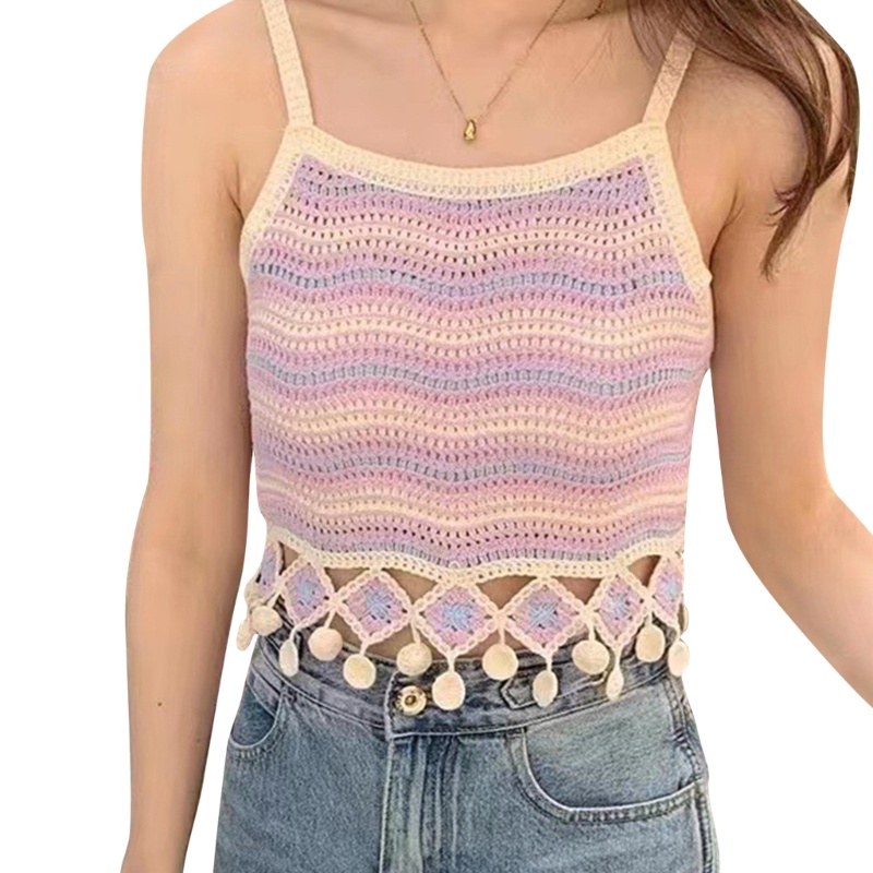 Áo Dệt Kim Sát Nách Cổ Tròn Phối Tua Rua Thời Trang Mùa Hè Dễ Thương Cho Nữ