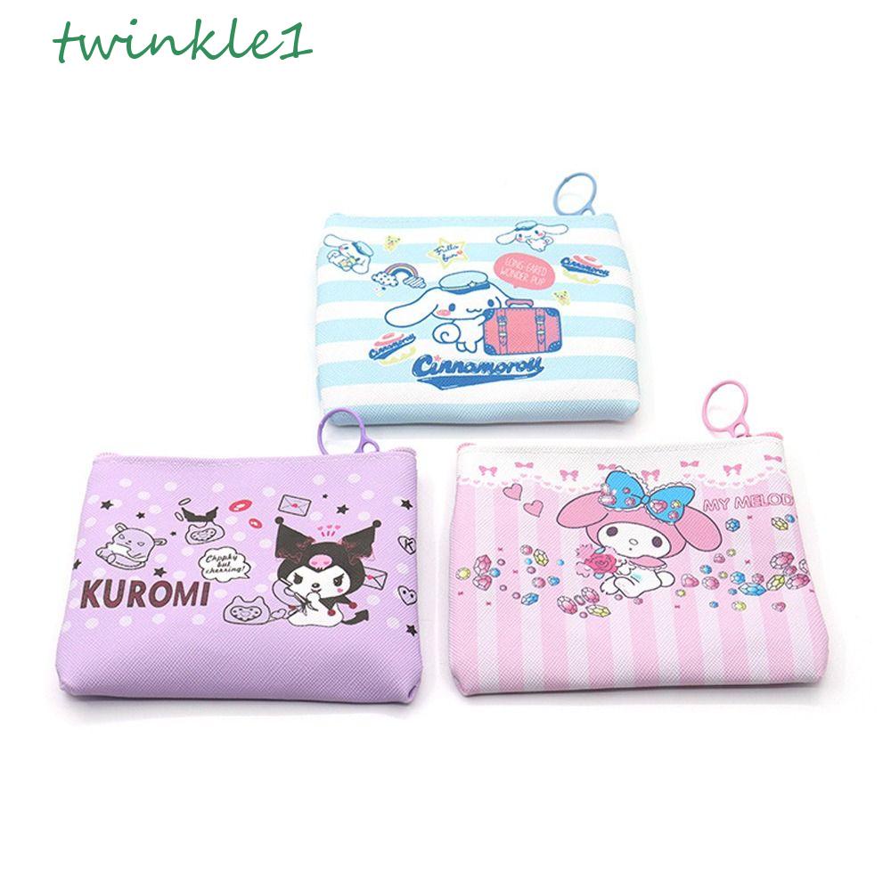 Ví Đựng Tiền Xu Mini Bằng Da PU Họa Tiết Mèo Kitty Kẻ Sọc Dễ Thương Giá Đỡ