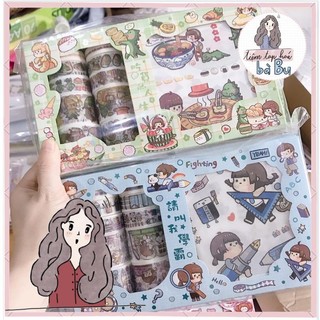 Hộp 10 cuộn băng giấy và 10 tờ stickers chủ đề dễ thương(có sẵn)