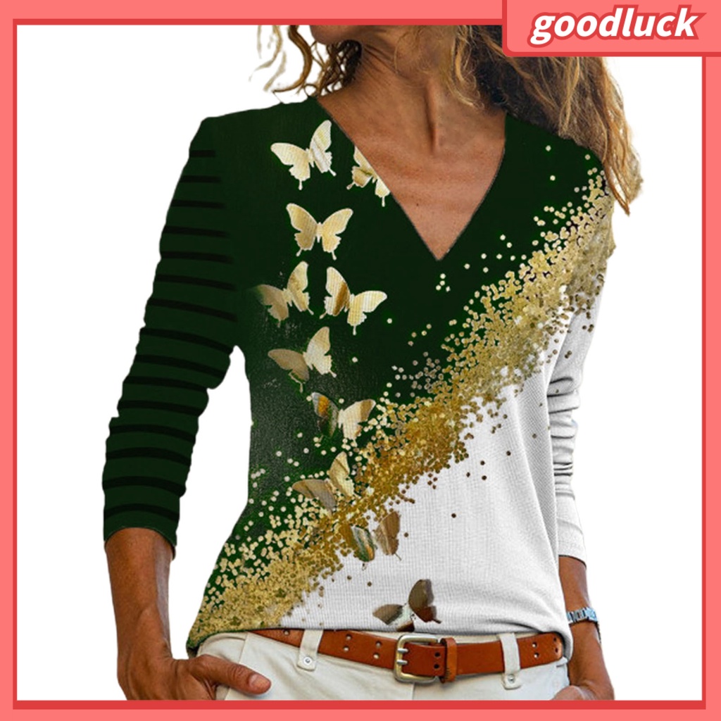Áo Thun Nữ Tay Dài Cổ Chữ V In Hình Bướm Thời Trang