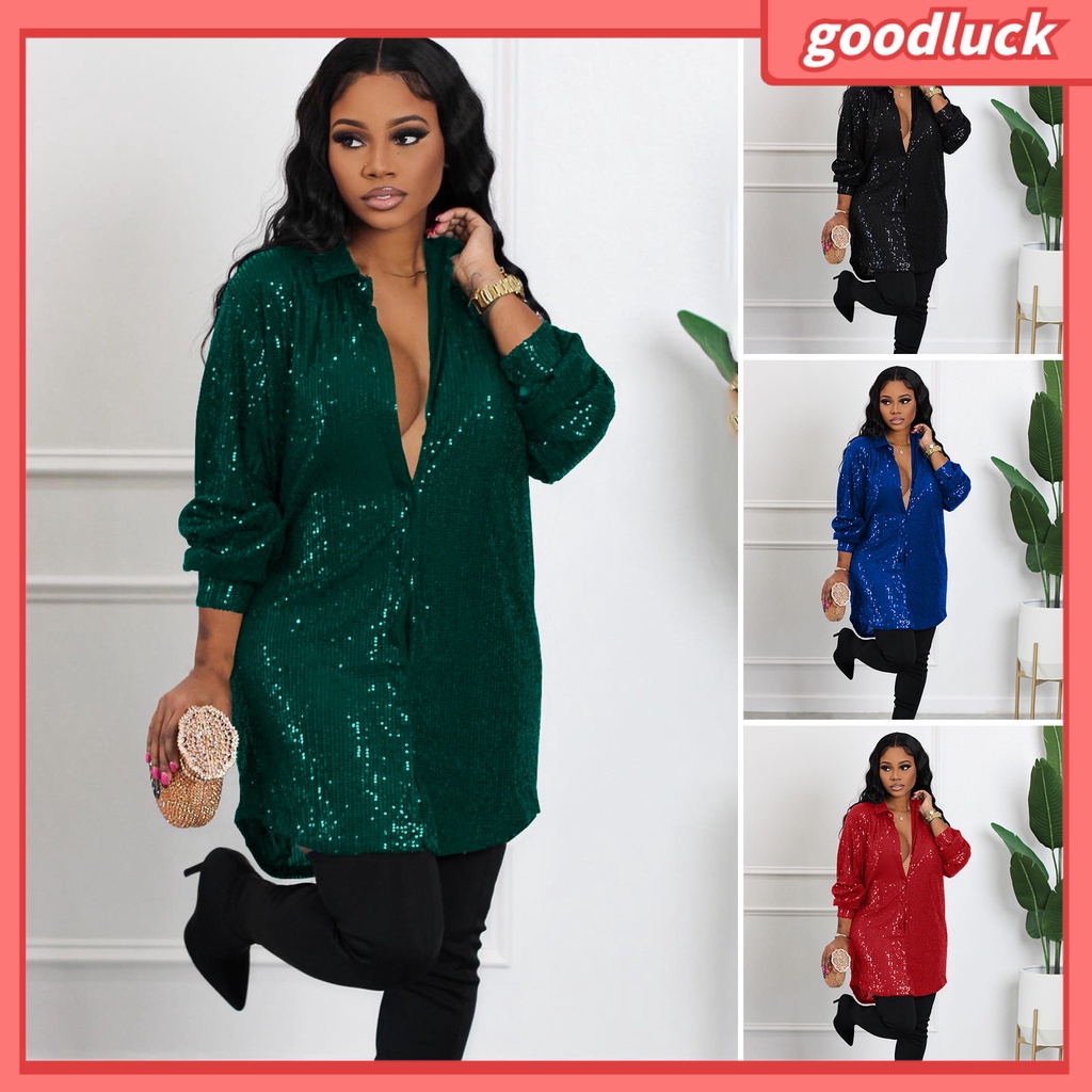 Áo Sơ Mi Tay Dài Dáng Rộng Cổ Bẻ Đính Kim Sa Lấp Lánh Thời Trang Xuân Thu Cho Nữ