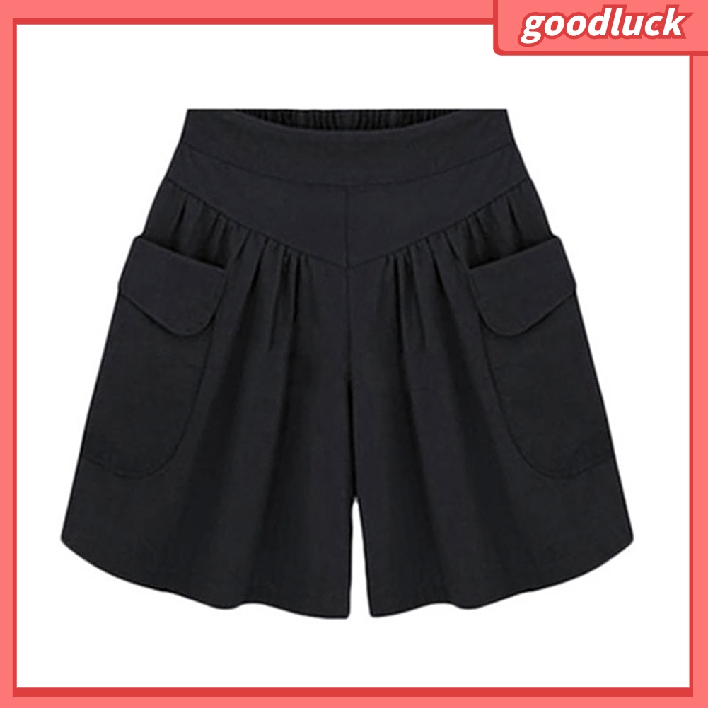 Quần Short Lưng Thun Ống Rộng Màu Trơn Phối Túi Thời Trang Mùa Hè Dành Cho Nữ Plus Size