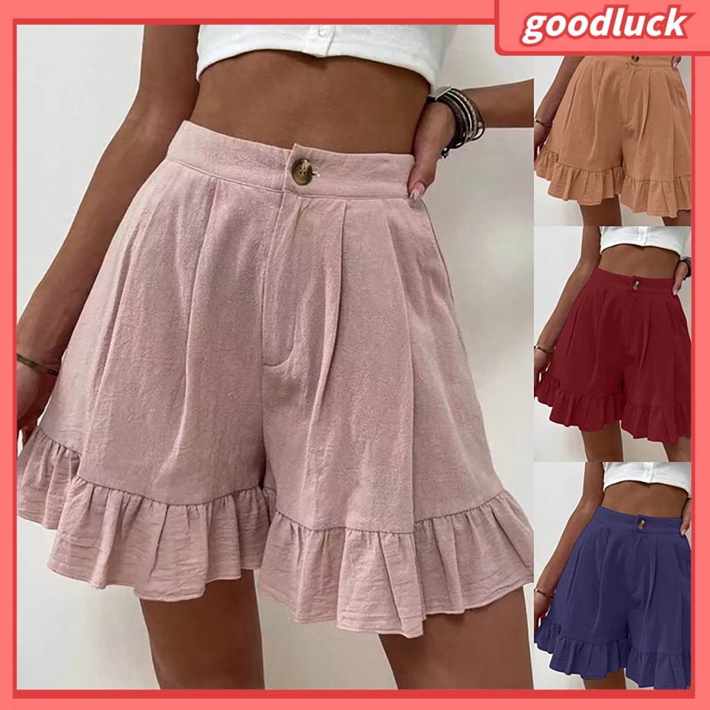 Quần Short Lưng Cao Dáng Rộng Màu Trơn Thời Trang Mùa Hè Xinh Xắn Cho Nữ
