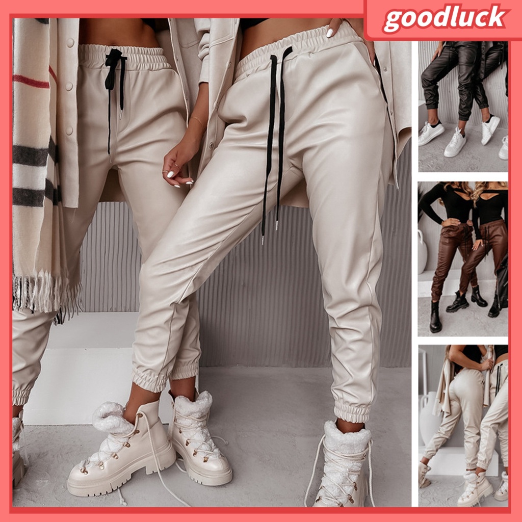 Quần Dài Giả Da Dáng Rộng Màu Trơn Phối Dây Rút Thời Trang Thu Đông Cho Nữ