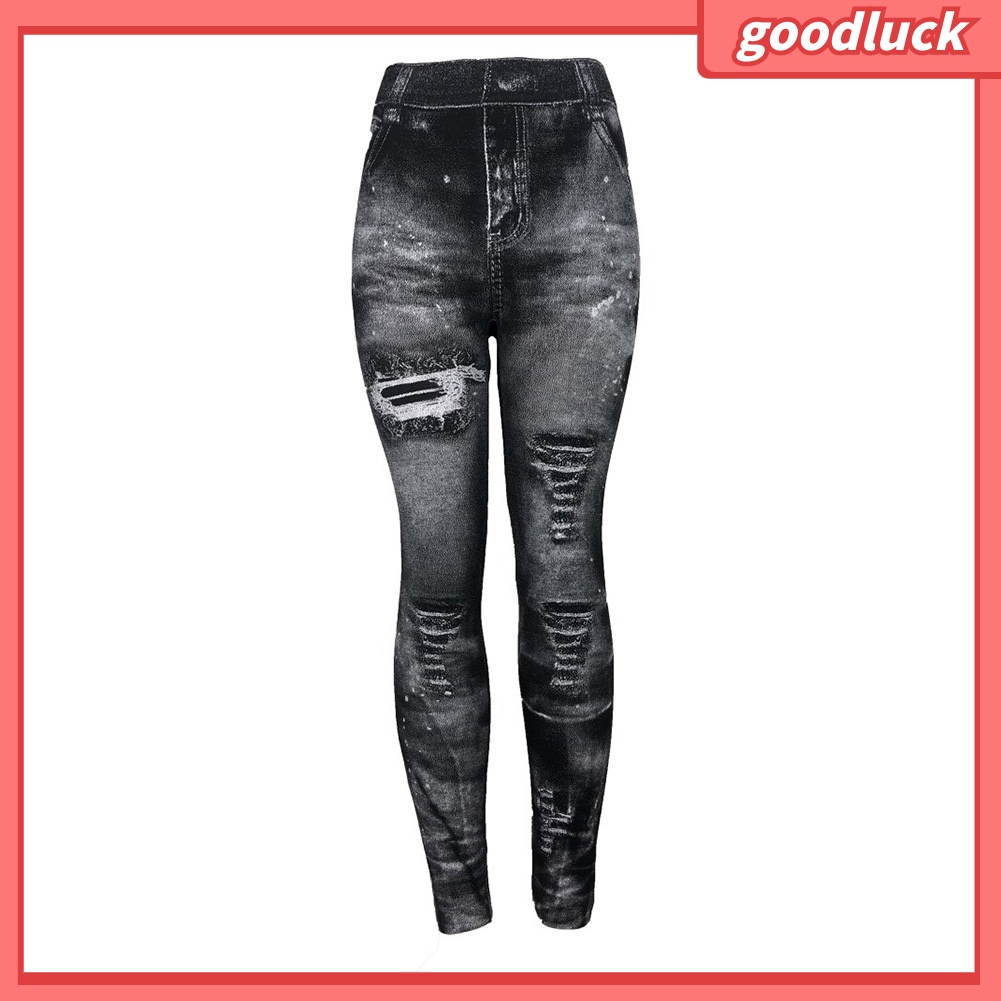 [ULK] Quần Legging Giả Jean Rách Dáng Bút Chì Co Giãn Nâng Hông Cho Nữ Plus Size