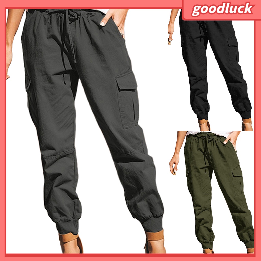 Quần Dài Lưng Thun Phối Dây Rút Nhiều Túi Phong Cách Đường Phố Cá Tính Cho Nữ