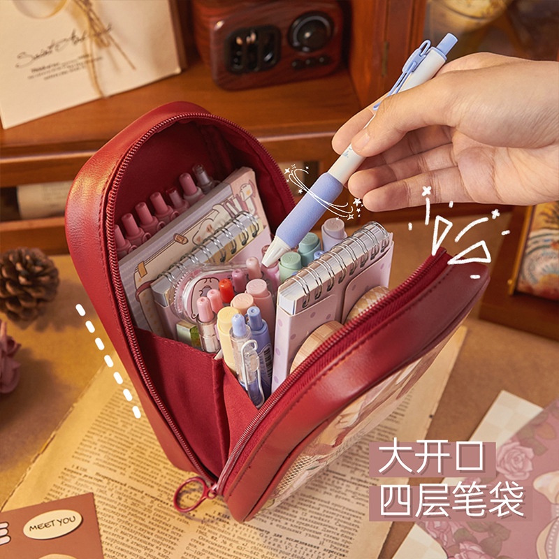 Túi Đựng Bút Nhiều Lớp Trong Suốt Họa Tiết Hoa Hồng Phong Cách Nhật Bản Ốp