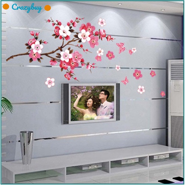 Cr Sticker Dán Tường Họa Tiết Bướm Hoa Đào Màu Hồng Bắt Mắt Sành Điệu