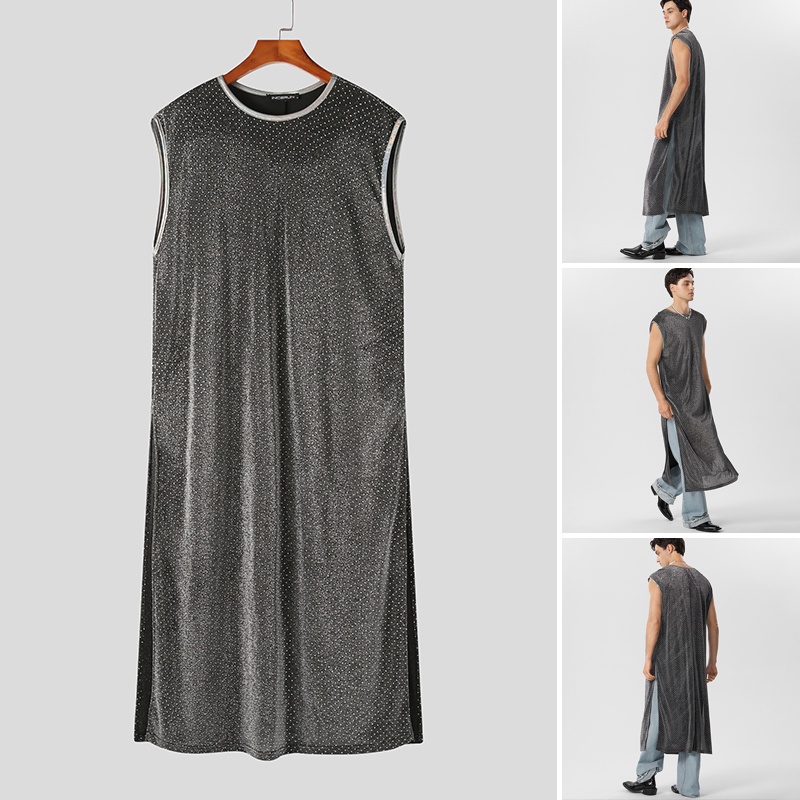 INCERUN Áo Tank Top Sát Nách Dáng Dài Xẻ Tà Màu Trong Suốt Lấp Lánh