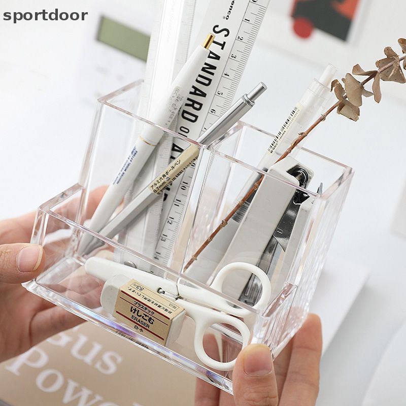 [sportoutdoor] Ins Kệ Đựng Bút Ba Ngăn Bằng Acrylic Trong Suốt Hình Vuông Sức Chứa Lớn Để Bàn Văn Phòng / Trường Học [out]