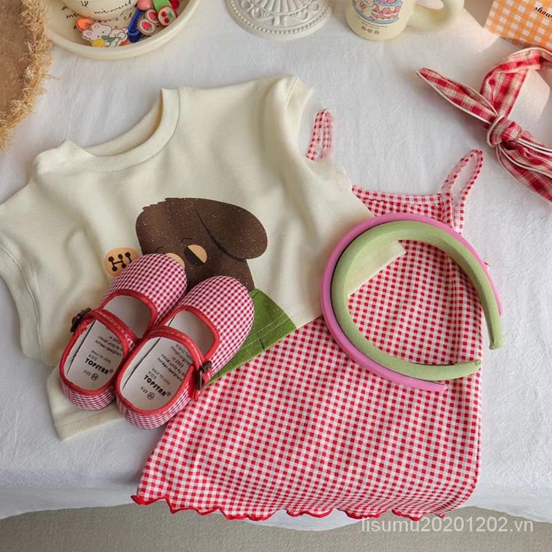 Set Áo Sát Nách + Chân Váy Sọc Caro Xinh Xắn Cho Bé Gái