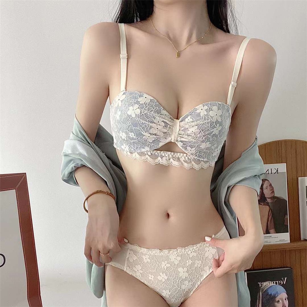 Bộ Áo Ngực + Quần Lót Ren Không Dây Chống Trượt Thêu Họa Tiết Thời Trang Chất Lượng Cao Cho Nữ