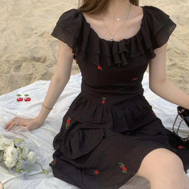 Đầm Ngắn Mùa Hè Thêu Họa Tiết Viền Bèo Thời Trang Cho Nữ