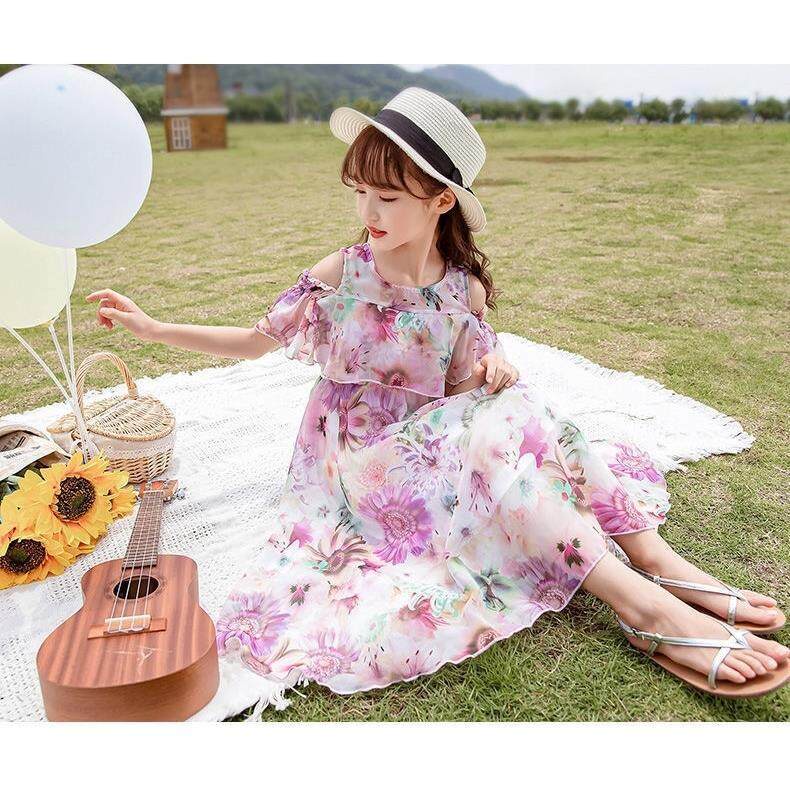 Đầm Hoa Dài 110-160cm Chất Liệu Chiffon Cho Bé Gái 2-13 Tuổi