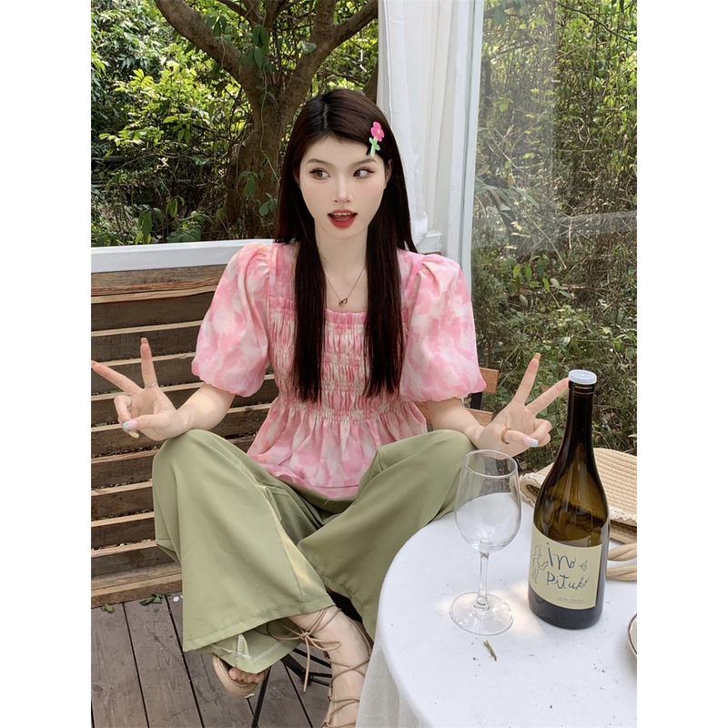 Áo Kiểu Tay Ngắn Cổ Vuông In Họa Tiết Hoa Thời Trang Mùa Hè Xinh Xắn Cho Nữ