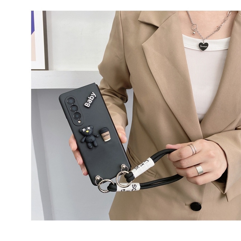 Thời Trang Ốp Điện Thoại Hình Gấu Uống Cà Phê Có Dây Đeo Tay Cho samsung galaxy z fold 5 4 3 5g