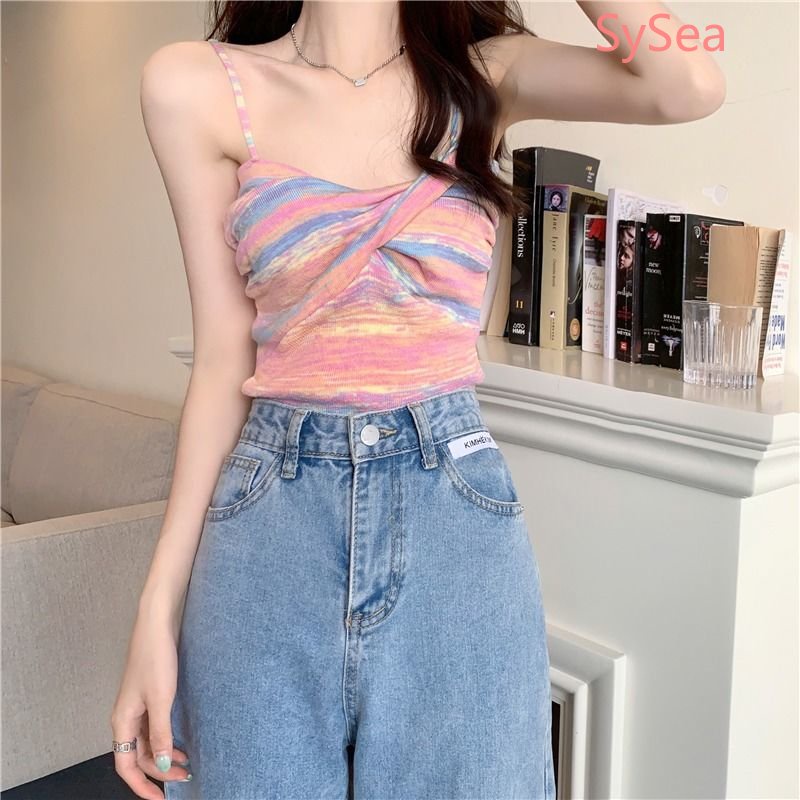 Áo Hai Dây Dệt Kim Kẻ Sọc Thời Trang Mùa Hè Hàn Quốc Cho Nữ