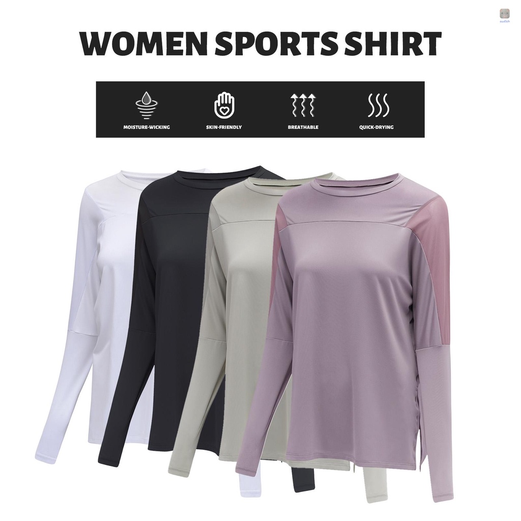 Áo Thun Thể Thao Tay Dài Cổ Tròn Phối Lưới Thoáng Khí Khô Nhanh Chống Ẩm Cho Nữ