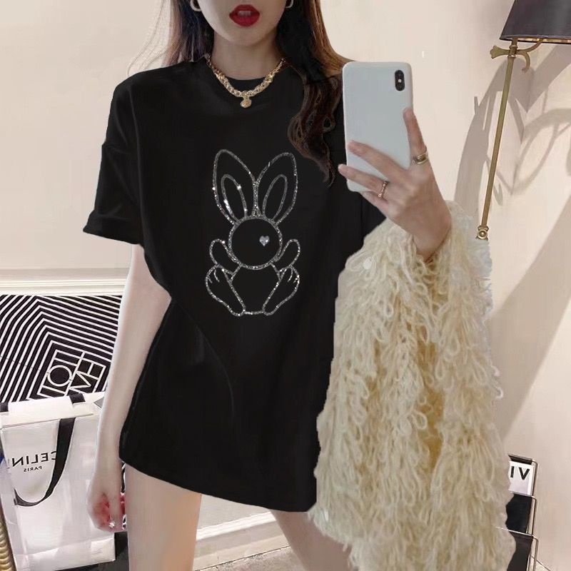 Áo Thun Tay Ngắn Dáng Rộng Bằng Vải Cotton Màu Trắng Trơn In Hình Thỏ Đính Đá Thời Trang Mùa Hè Phong Cách Mới Cho Nữ