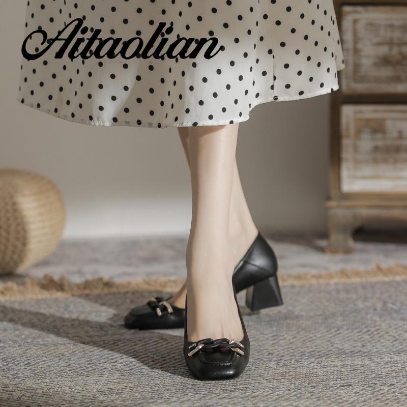 Giày Cao Gót 4cm Da Mềm Mũi Vuông Kiểu retro Anh Xinh Xắn Cho Nữ