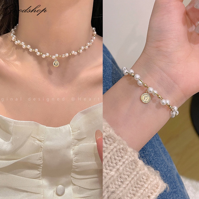 Vòng Cổ / Vòng Tay Chuỗi Ngọc Trai Mặt Đồng Xu Thời Trang Cho Nữ