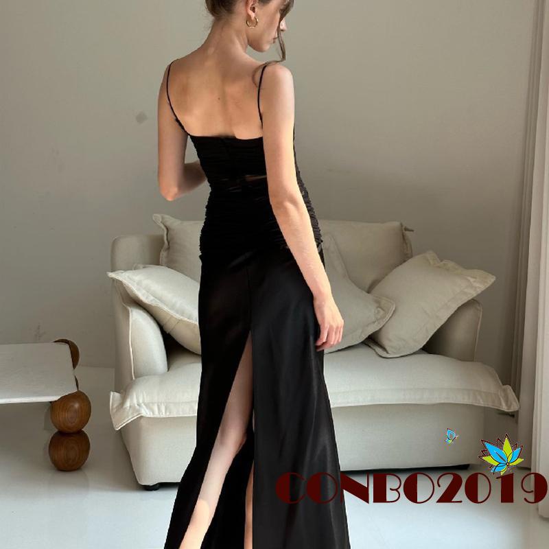 Đầm Hai Dây Dáng Dài Màu Sắc Trơn Phối Lưới Xuyên Thấu Thời Trang Quyến Rũ Cho Nữ