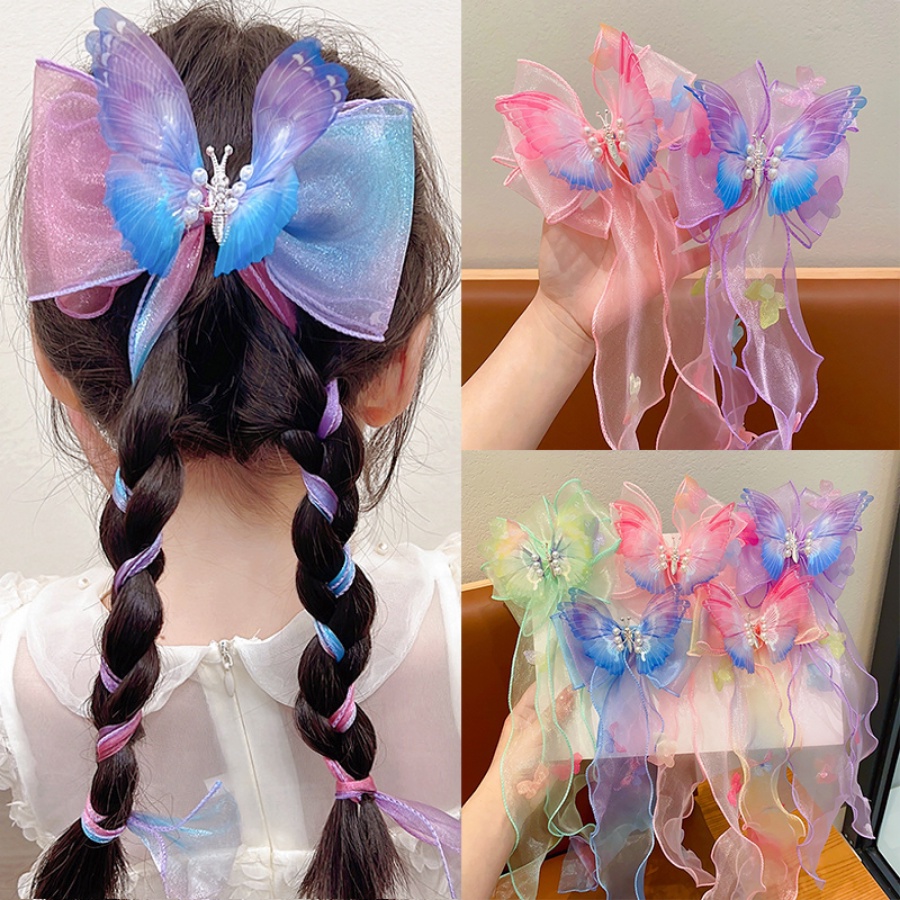 Kẹp Tóc Hình Bướm Phối Dây Ruy Băng Lưới Kiểu Hàn Quốc Dễ Thương Cho Bé Gái