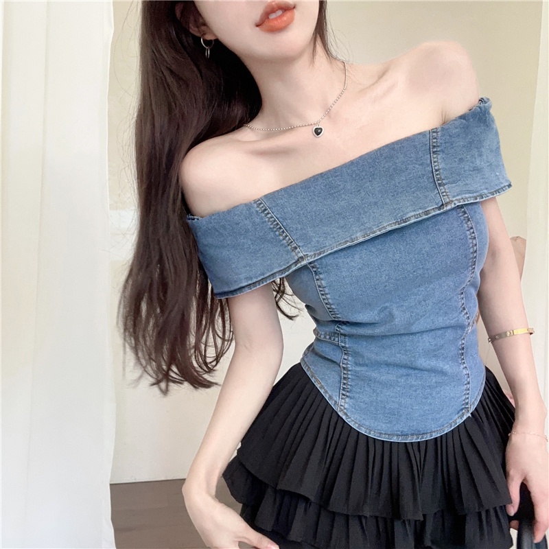 Áo Sơ Mi Denim Trễ Vai Dễ Phối Đồ Thời Trang Mùa Hè Dành Cho Nữ