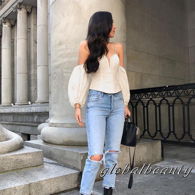 Áo Croptop Trễ Vai Cổ Chữ V Tay Phồng Gợi Cảm Cho Nữ