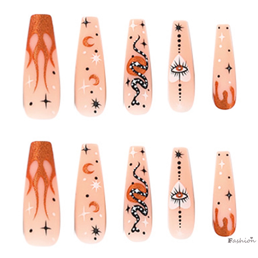 Bộ Móng Tay Giả Họa Tiết Trăng Sao Với Độ Dày Radian Và Họa Tiết Da Rắn